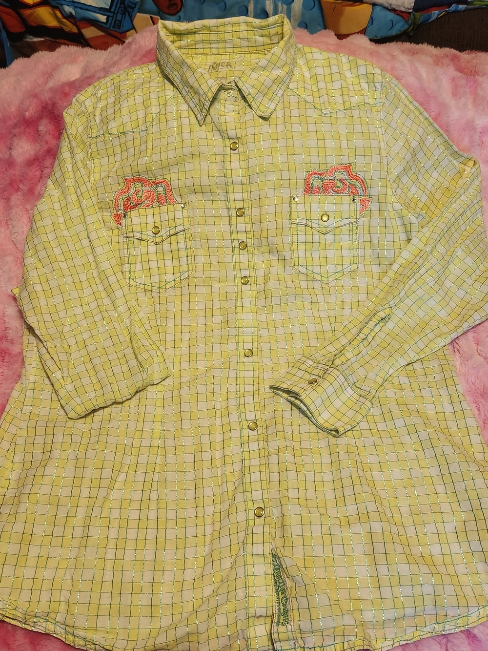 Yellow Plaid Button-Down Shirt with Embroidered Pocket Accents